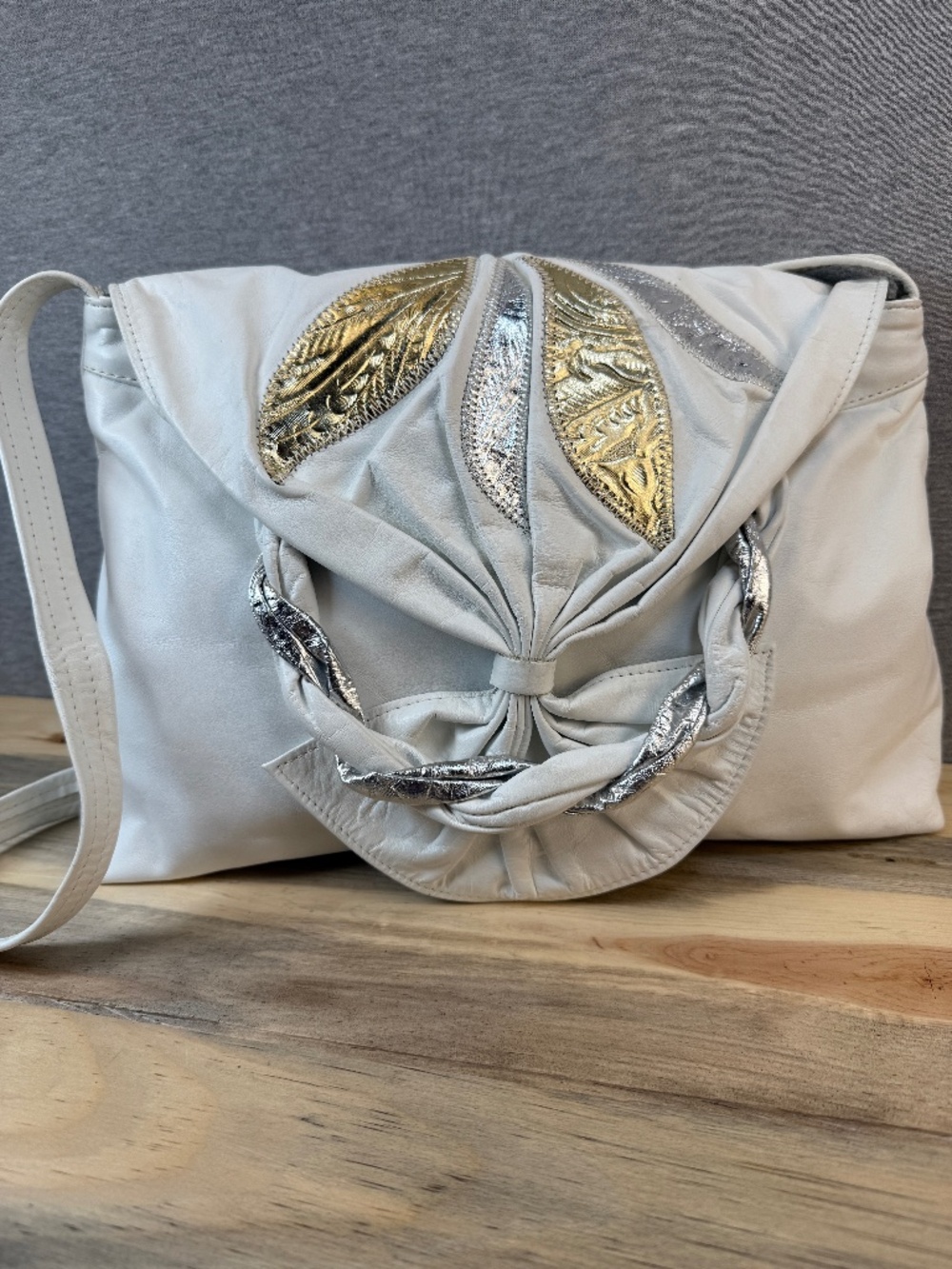 Vintage REEM Patchwork Leather White Silver Gold Shoulder Hobo Bag Embossed 90's